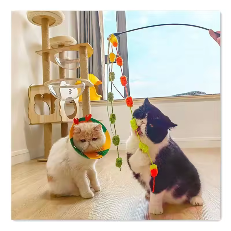 New Hot Sale Interactive Pet Teaser Stick Toys With Bell for Cats Training Colorful Plush Ball Cat Teaser Stick Toys